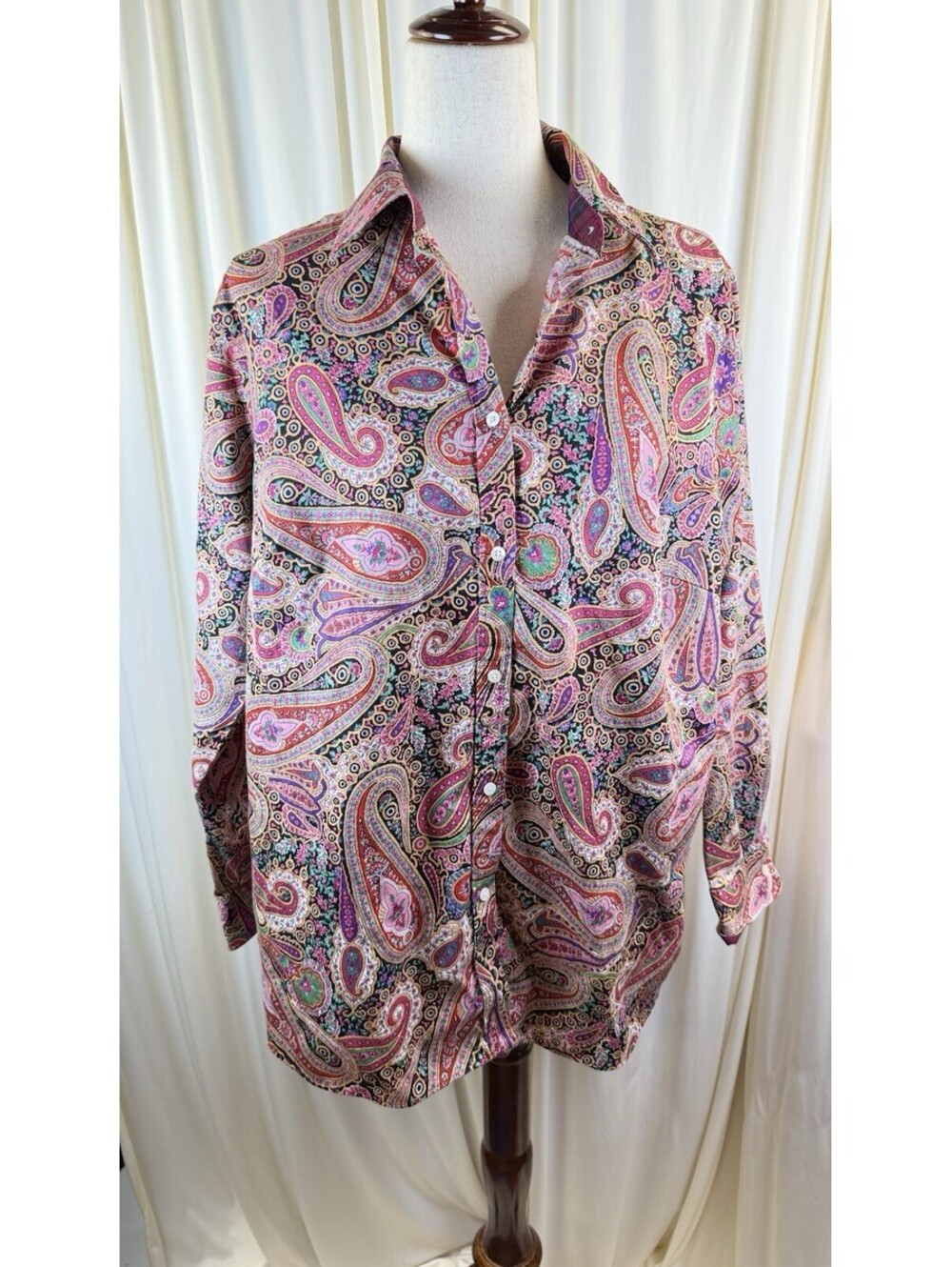 Chaps Women 1X Button Down Top Shirt Blouse Black Pink Paisley Button Down